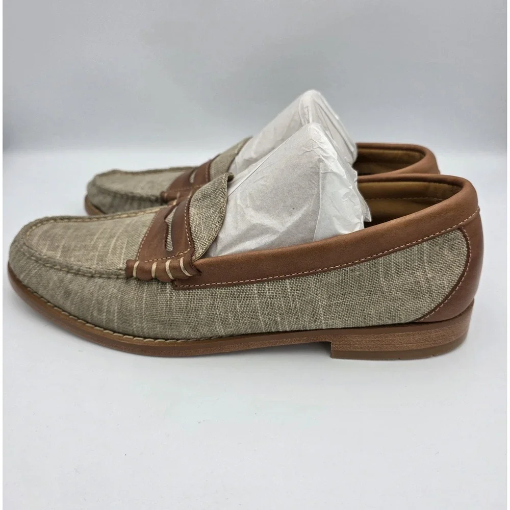 G.H. Bass Weejuns Larson Loafer Tan Beige Canvas Brown Leather Shoes 9.5 D Men's